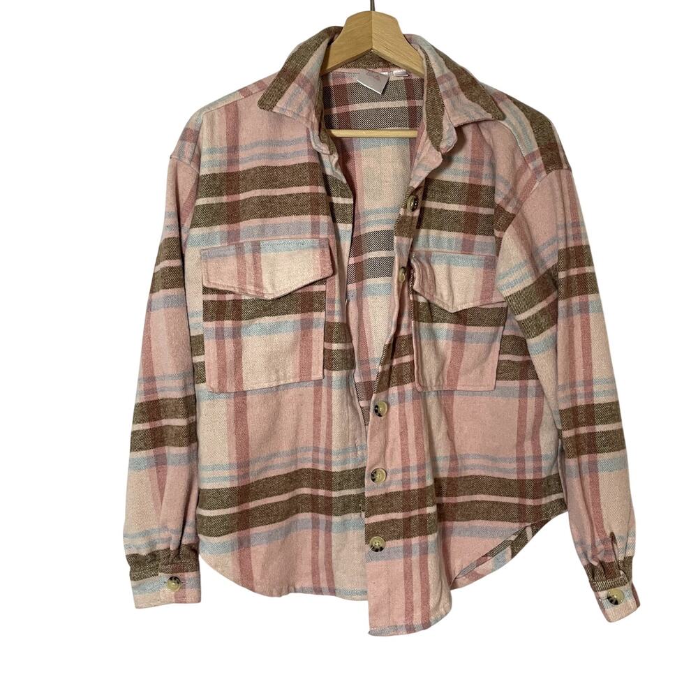 Barbie pink blue brown checkered button down long sleeved top women's size XS